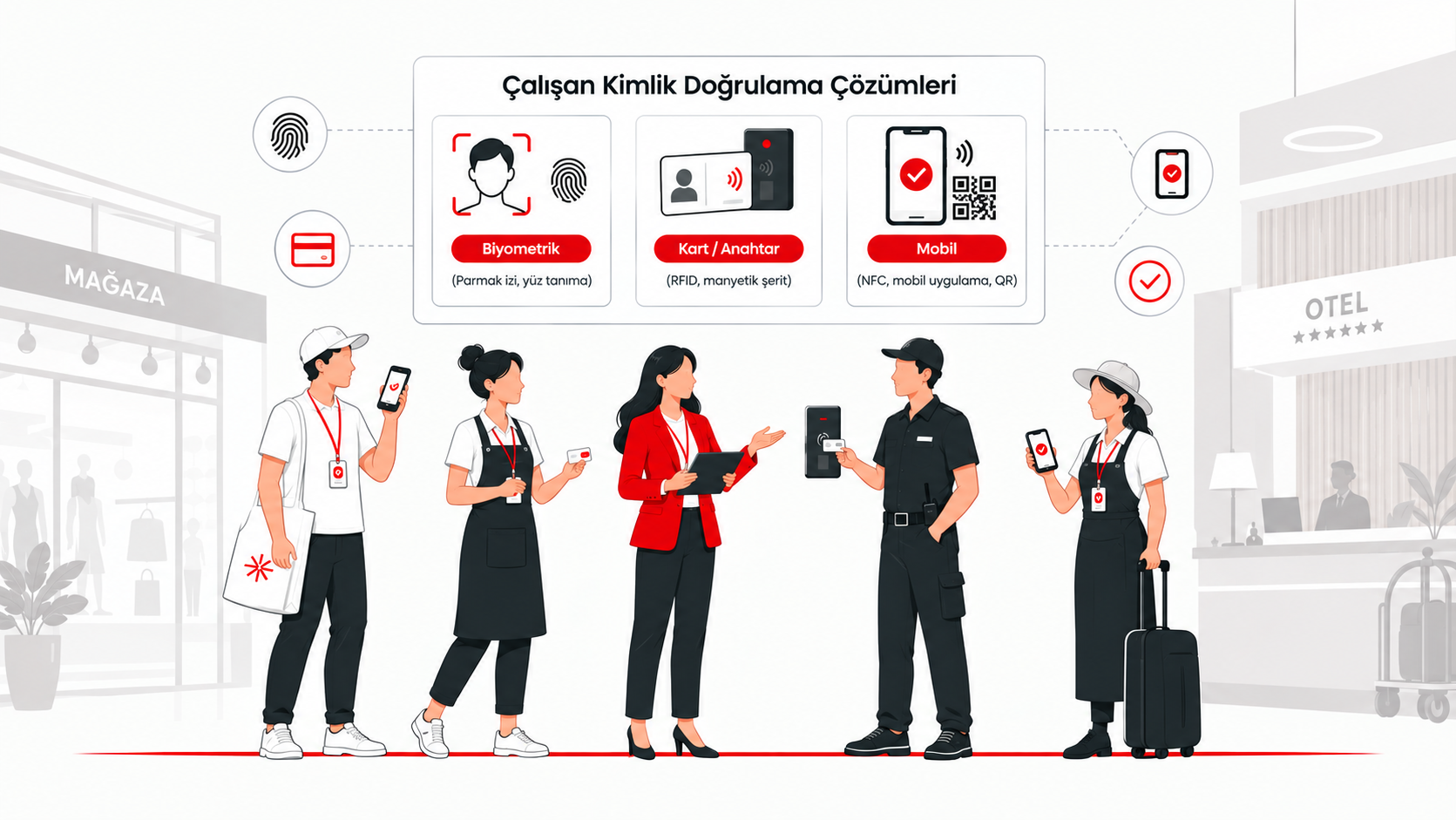 Mağaza ve otel çalışanları için biyometrik, kart ve mobil kimlik doğrulama yöntemlerini gösteren modern illüstrasyon.
