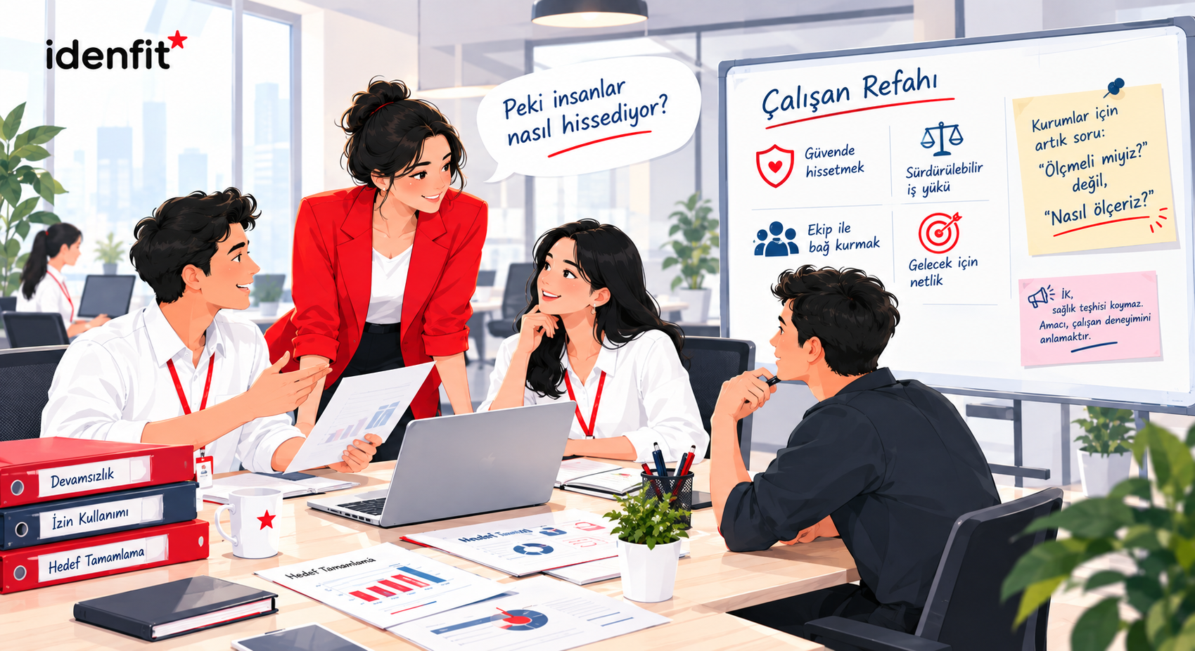 Modern bir ofiste, çalışan refahını ve çalışanların nasıl hissettiğini ölçme yöntemlerini değerlendiren İK ekibi. Kırmızı, beyaz ve mavi tonlarında illüstrasyon.