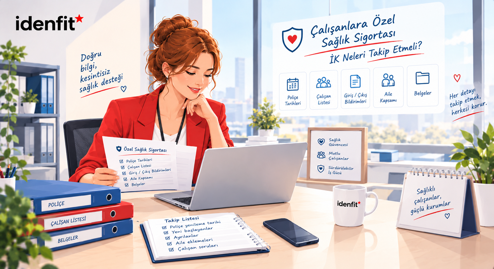 Modern bir ofiste, çalışanların özel sağlık sigortası poliçelerini, giriş-çıkış bildirimlerini ve belgelerini takip eden İK uzmanı. Kırmızı, mavi ve beyaz tonlarında İdenfit illüstrasyonu.