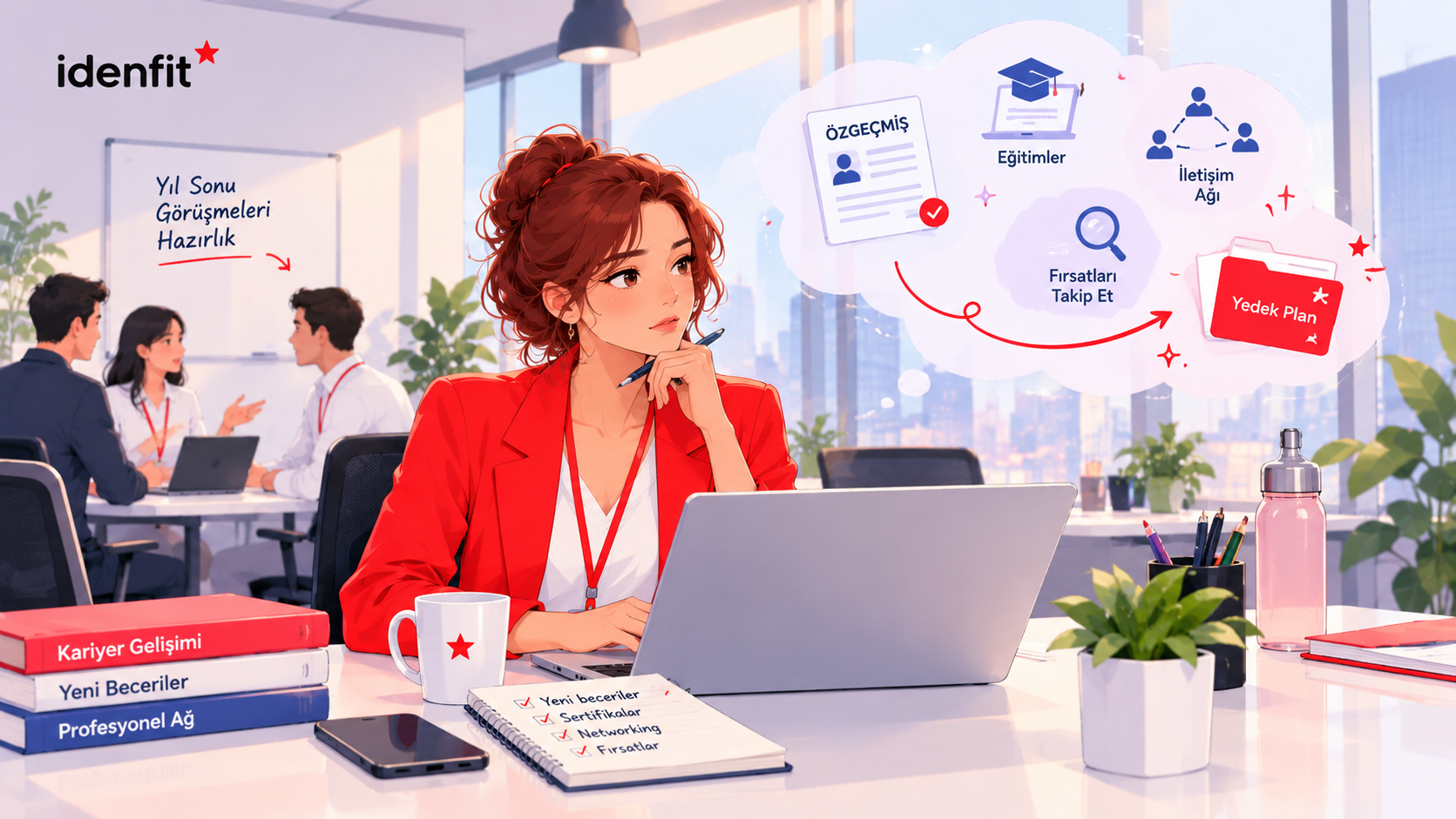 Bakır kızıl saçlı kadın, ofiste dizüstü bilgisayar başında kariyerini planlıyor; özgeçmiş, eğitim, profesyonel ağ ve alternatif iş fırsatlarını simgeleyen kırmızı-beyaz illüstrasyon