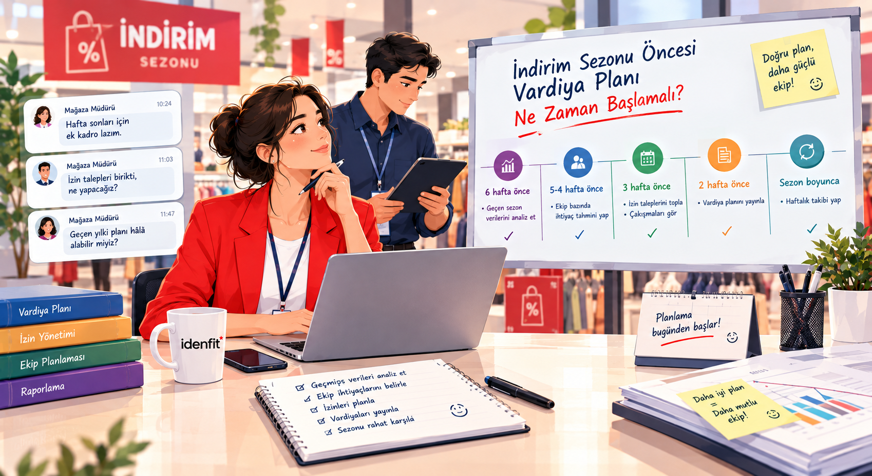 İndirim sezonu öncesi vardiya planlama takvimi ve perakende İK süreçlerini gösteren, ofis ortamında çalışan identfit kullanıcılarının illüstrasyonu.
