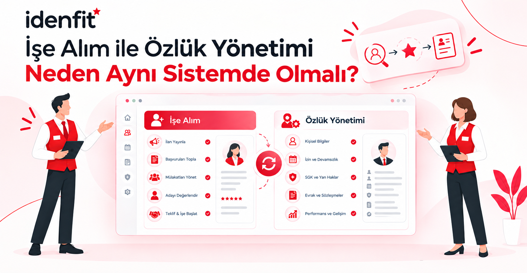 İdenfit İK platformunda işe alım ve özlük yönetimi süreçlerinin tek sistem üzerinden entegre şekilde yönetilmesini gösteren, beyaz zemin ve kırmızı tonların kullanıldığı modern ve sade bir tasarım.