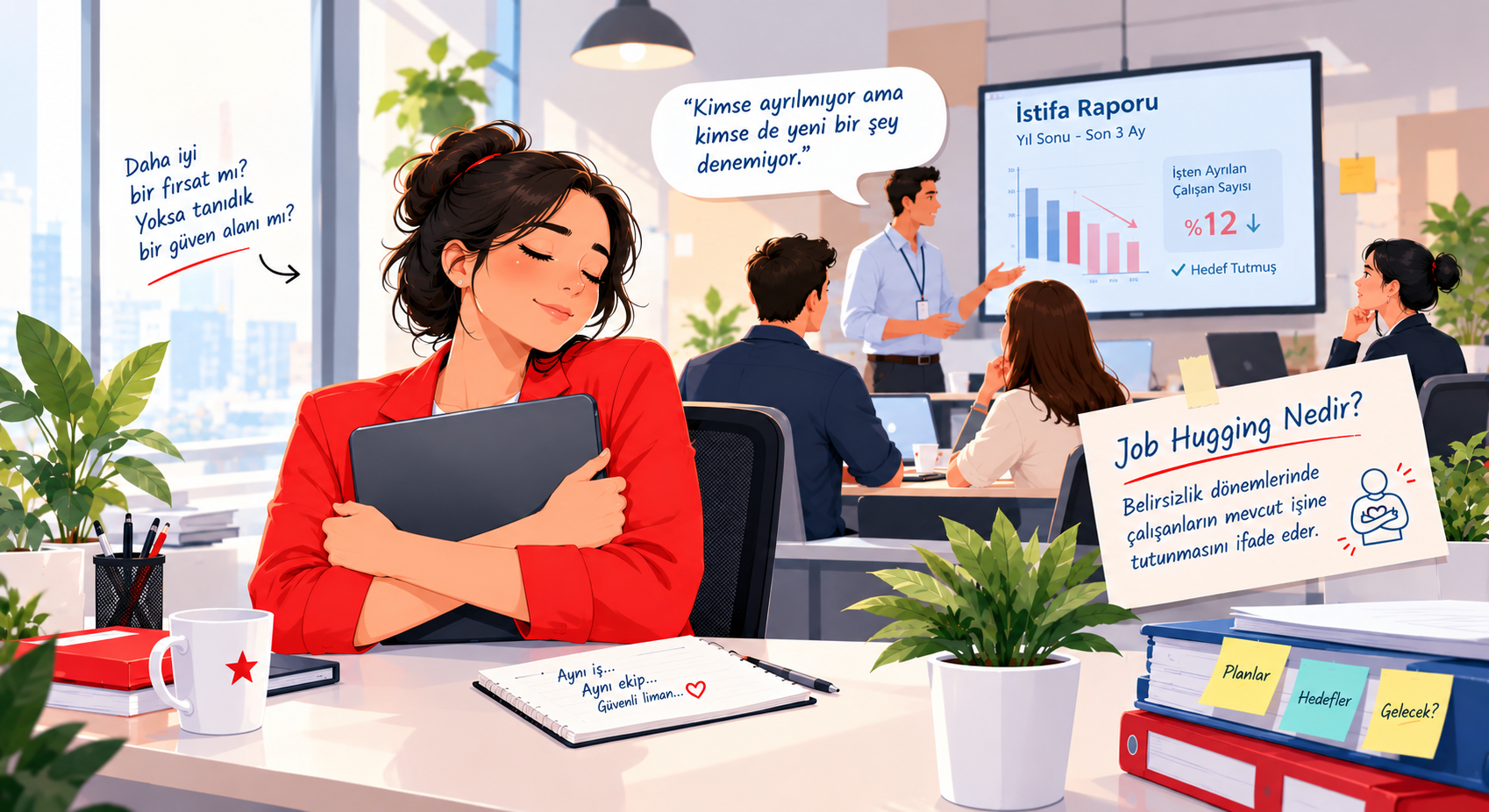 Belirsizlik döneminde işine tutunan çalışanları ve iş bağlılığını sorgulayan modern ofis görseli.