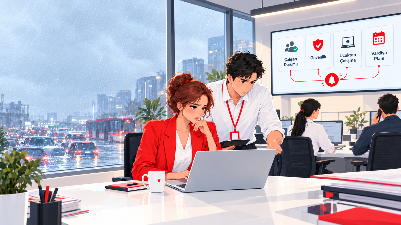 Şiddetli yağmur sırasında çalışan güvenliği, uzaktan çalışma ve vardiya planlamasını koordine eden İK ekibi; bakır kızıl saçlı kadın ve endişeli çalışma arkadaşları.