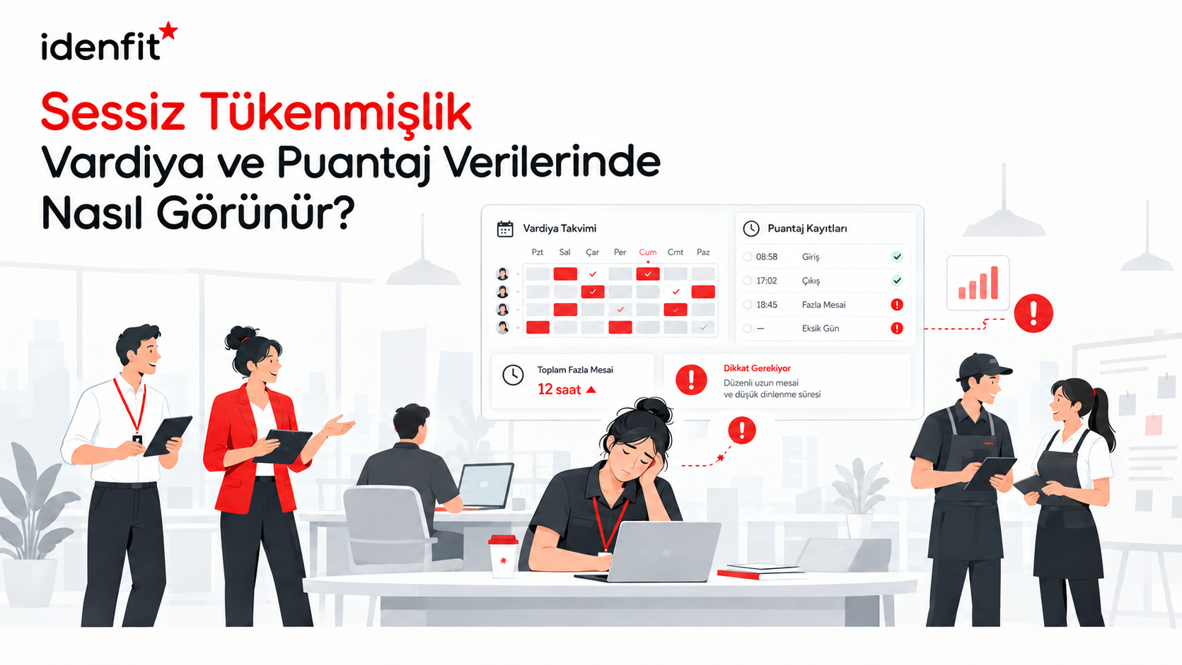 Ofis ortamında, soğuk mavi-gri tonlarda aydınlatılmış bir masada, bir yöneticinin dizüstü bilgisayar ekranındaki vardiya çizelgesine dikkatle baktığı, sakin ve düşünceli bir sabah sahnesi.