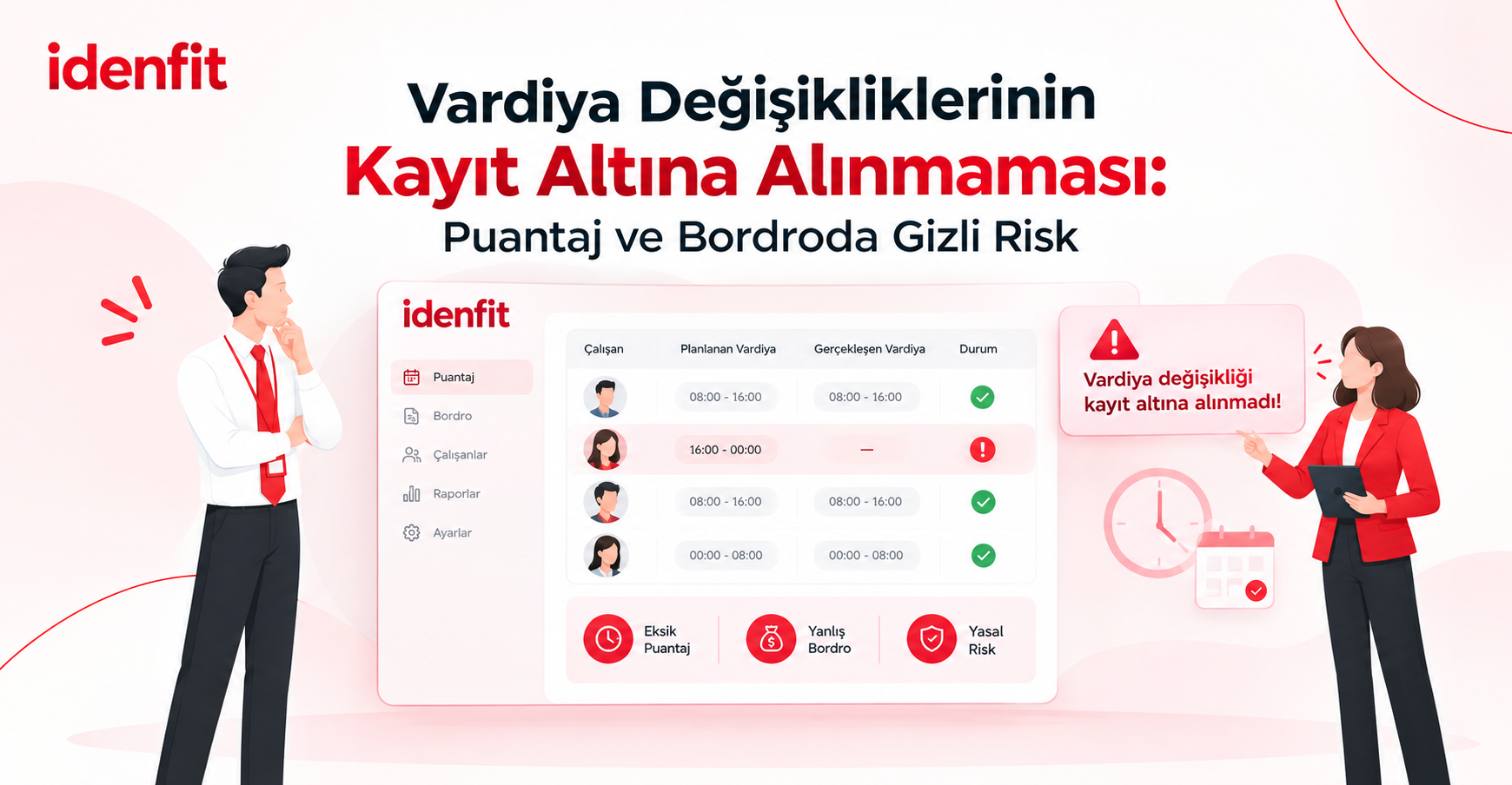 Beyaz ve açık pembe arka planda, kırmızı ve lacivert renklerle tasarlanmış İdenfit vardiya yönetimi illüstrasyonu. Ortada puantaj paneli, saat ve takvim ikonları; iki yanda çalışan karakterleri ve kırmızı vardiya uyarısı yer alıyor
