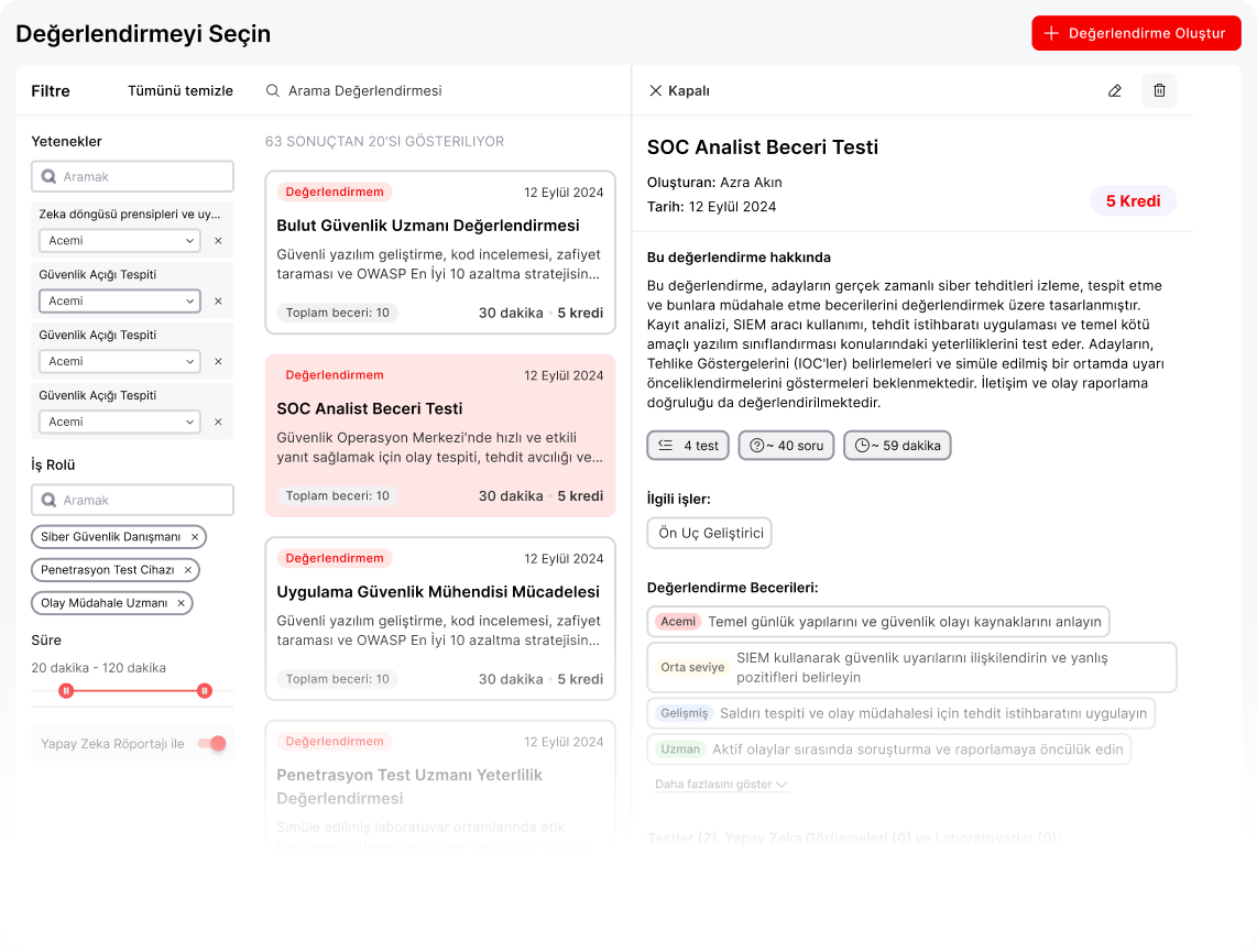 Hiringoz yetkinlik testi seçim ekranı